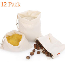 Load image into Gallery viewer, 12Pack Cotton Reusable Grocery Produce Bag Eco-friendly Cotton Drawstring Bags Zero Waste Canvas Fruit Food Storage Shopping Bag
