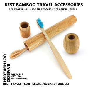 Portable Bamboo Toothbrush Set Travel with Bamboo Straw Case Brush Tube and Wooden Toothbrush Holder Natural Teeth Cleaning Tool